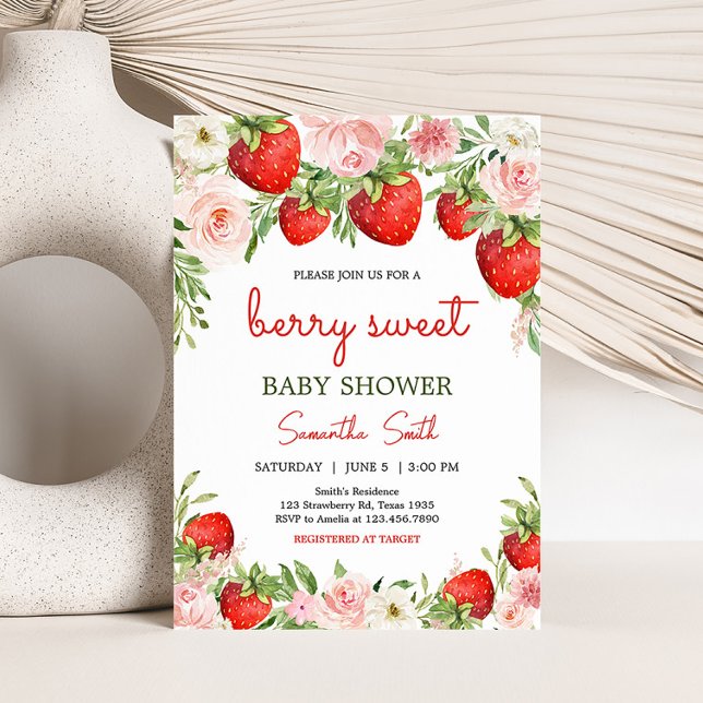 Jordgubbsbabyskor Inbjudningar (Pink Floral Strawberry Baby Shower Invitation)