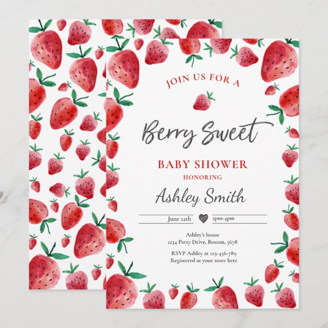 Jordgubbsbabyskor sommar Berry Sweet Baby Inbjudningar (Fram/baksida)