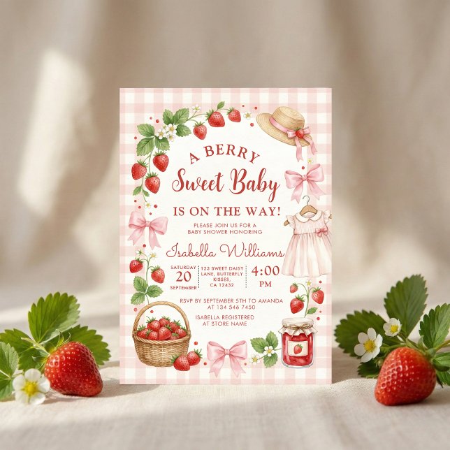 Jordgubbsbåge baby shower Första Bäret Sött Inbjudningar (Skapare uppladdad)