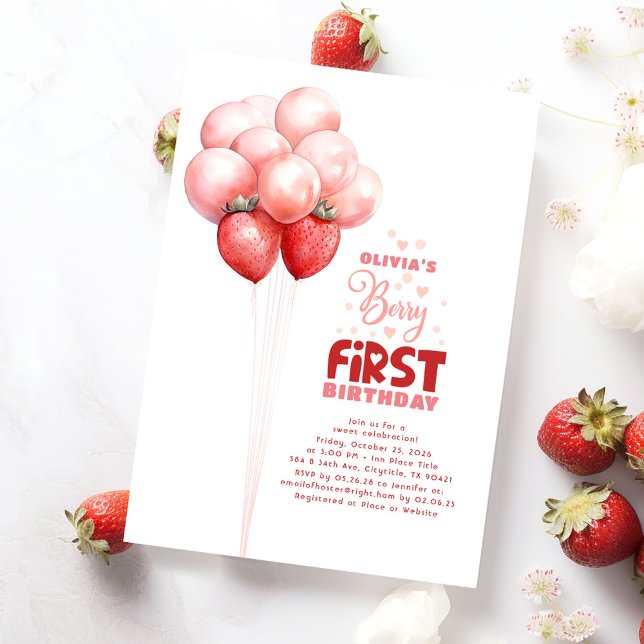 Jordgubbsballonger Berry First Girls Birthday Inbjudningar (Berry First Birthday Invitations - Strawberry Themed)