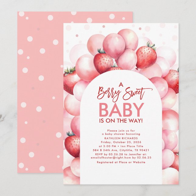Jordgubbsballonger Berry Sweet Baby Shower Inbjudningar (Fram/baksida)
