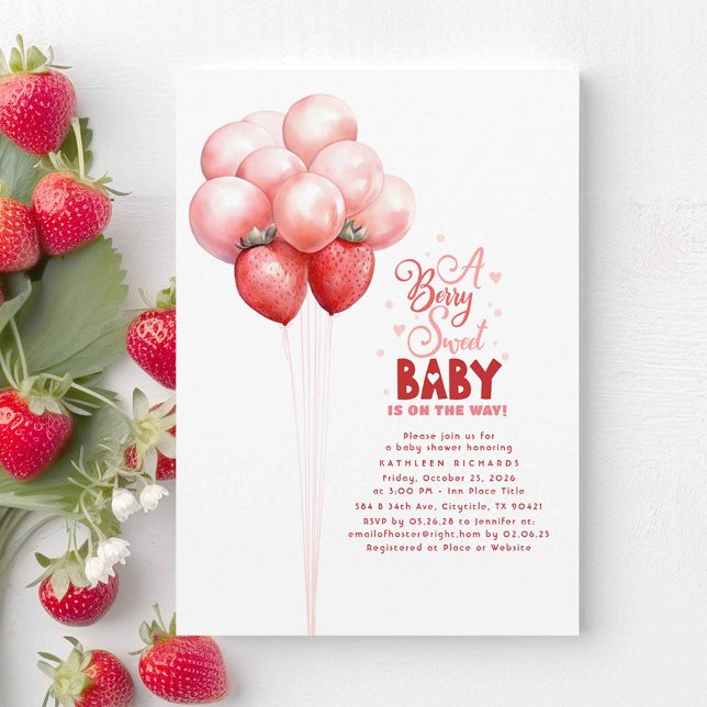 Jordgubbsballonger Berry Sweet Baby Shower Inbjudningar (A Berry Sweet Baby Is On The Way! Cute Strawberry Theme Baby Shower Invitations in Pink and Red)