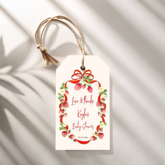 Jordgubbsbältenas babyduschförmån för jordgubbsbäl presentetikett (Strawberry ribbon bow coquette berry sweet baby shower personalized favor gift tags)