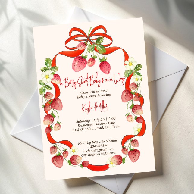 Jordgubbsbältenas kolvknapp för babydusch inbjudningar (Strawberry ribbon bow coquette berry sweet baby shower invitation template summer berries red bow)