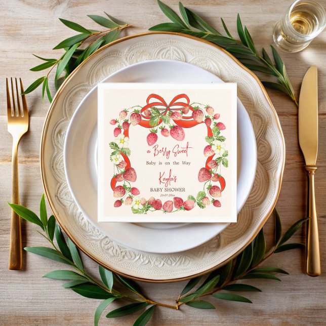 Jordgubbsbältenas kolvknapp för babydusch pappersservett (Strawberry red ribbon bow coquette berry sweet baby shower personalized printed napkins)