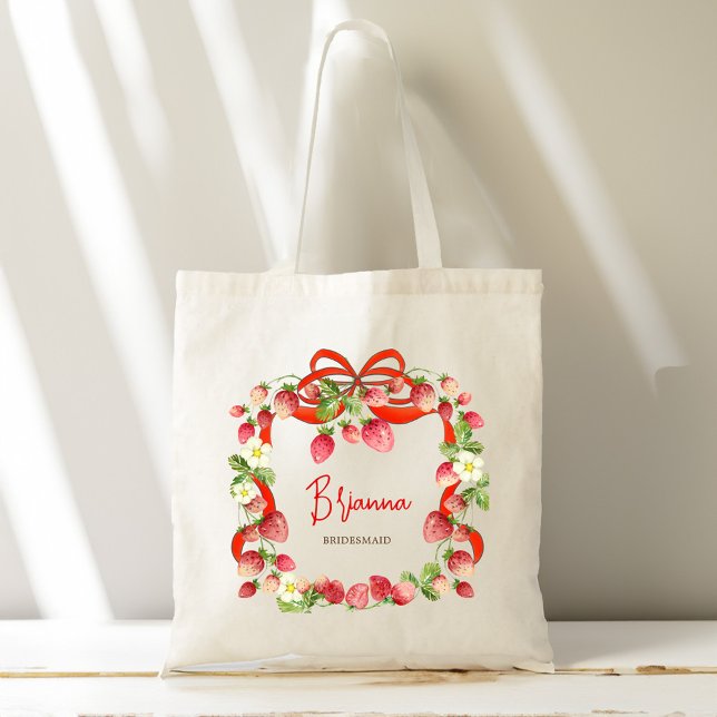 Jordgubbsband coquette skräddarsydda brudtärnsgåvo tygkasse (Strawberry ribbon coquette bow personalized bridesmaid gifts monogrammed tote bag)