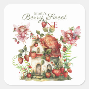 Jordgubbsbär Berry Sweet Girls första födelsedag Fyrkantigt Klistermärke