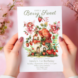 Jordgubbsbär Berry Sweet Girls första födelsedag Inbjudningar