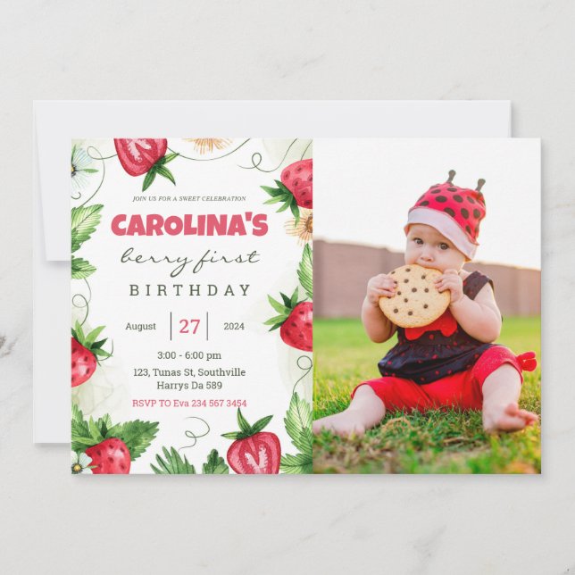 Jordgubbsbär först Fotofödelsedag Inbjudningar (Framsida)