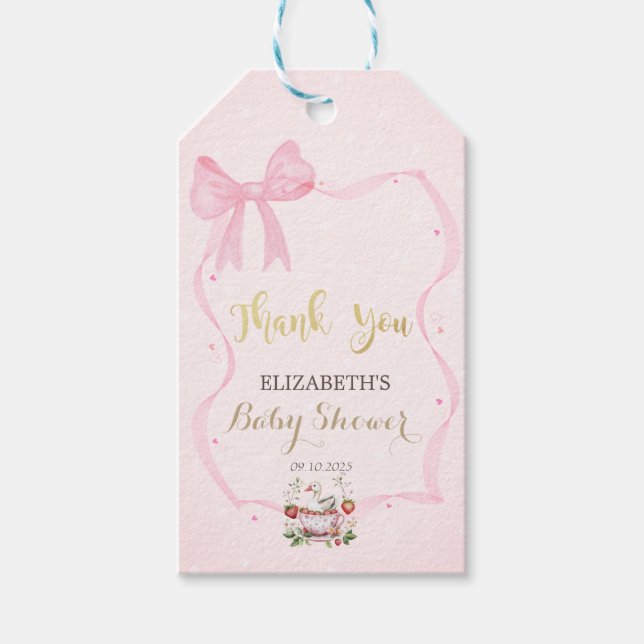 Jordgubbsbär,Gås,Bow Ram Dots Baby Shower Presentetikett (Framsidan)