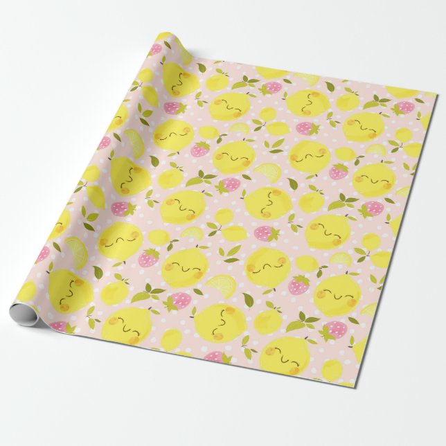 Jordgubbsbär Lemon Rosa Wrapping Papprare Presentpapper (Utrullad)