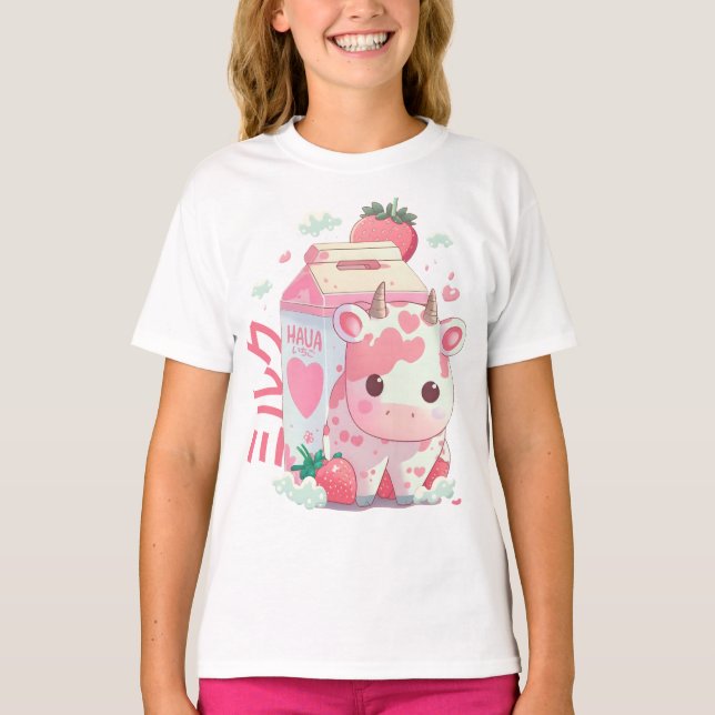 Jordgubbsbär Mjölk Cow Carton Cute Kawaii japanska T Shirt (Framsida)