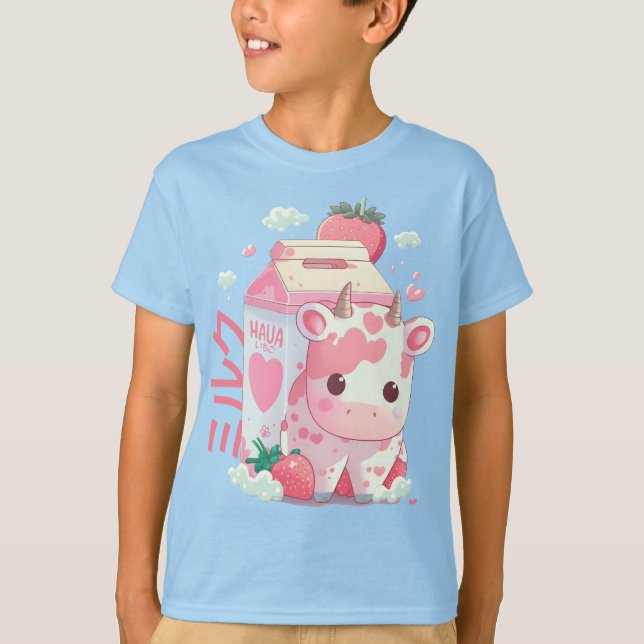 Jordgubbsbär Mjölk Cow Carton Cute Kawaii japanska T Shirt (Framsida)