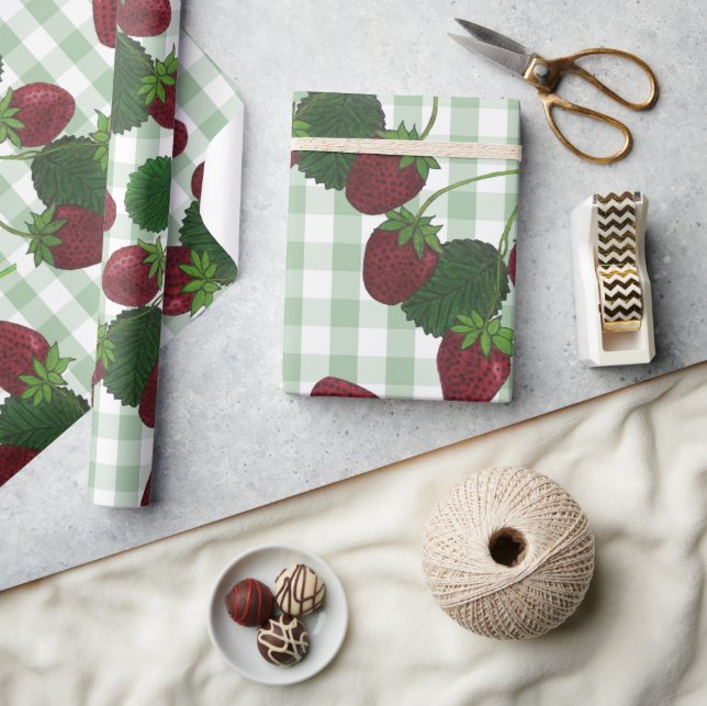 Jordgubbsbär och Gingham Wrapping Papper Presentpapper (Hantverk)