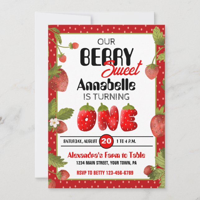 Jordgubbsbären första Födelsedagsfest inbjudan (Framsida)