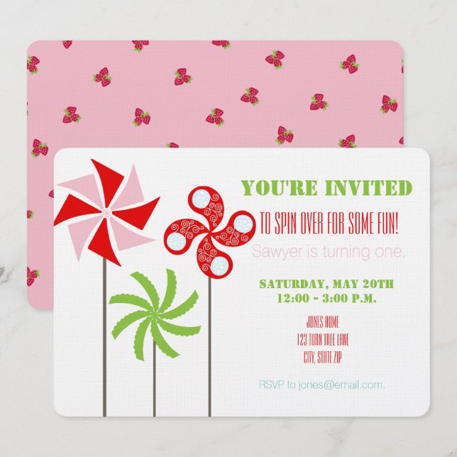 Jordgubbsbergen PinWheel Thmet Birthday - Rosa Bac Inbjudningar (Fram/baksida)
