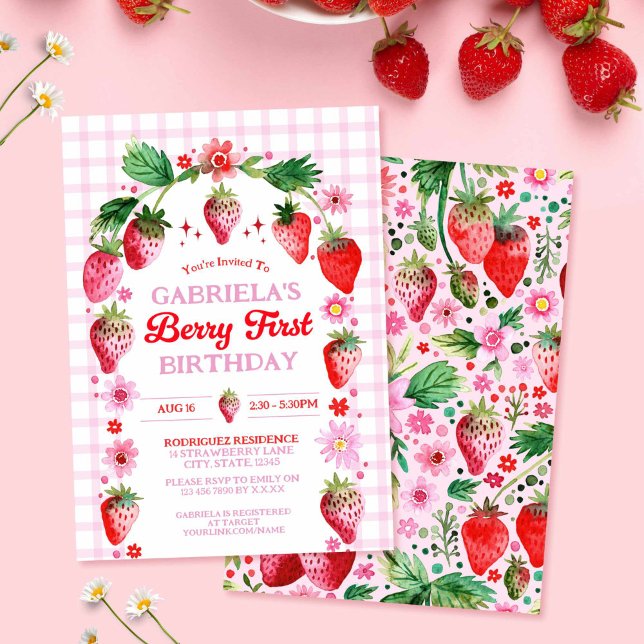 Jordgubbsberry 1:a födelsedag inbjudningar (Strawberry Berry 1st Birthday Watercolor Invitation)