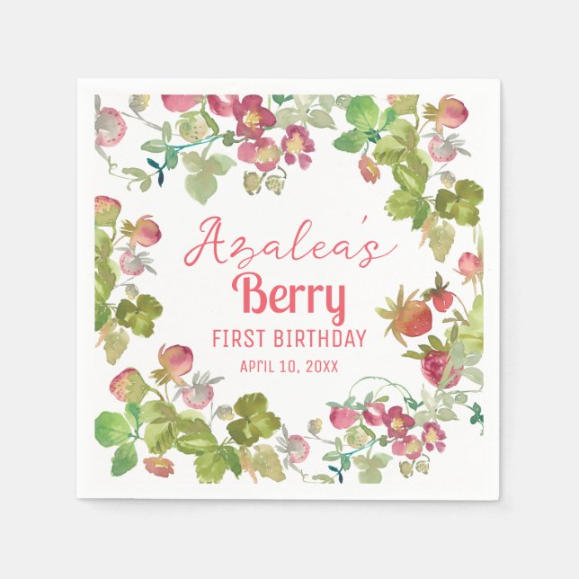 Jordgubbsberry 1:a födelsedag Party Pappersservett (Framsidan)