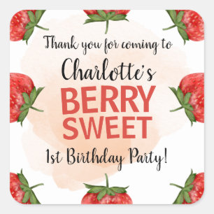 Jordgubbsberry Berry Sweet 1st Birthday Tack Fyrkantigt Klistermärke