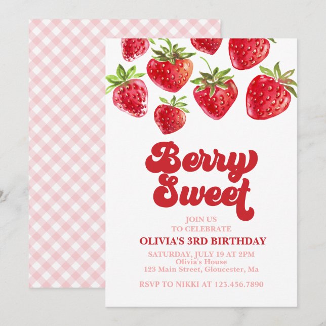 Jordgubbsberry Berry Sweet Birthday Inbjudningar (Fram/baksida)