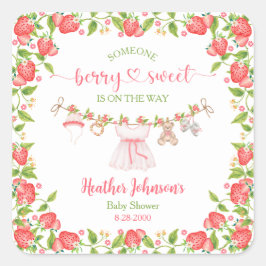 Jordgubbsberry Berry Sweet Clothesline Baby Shower Fyrkantigt Klistermärke