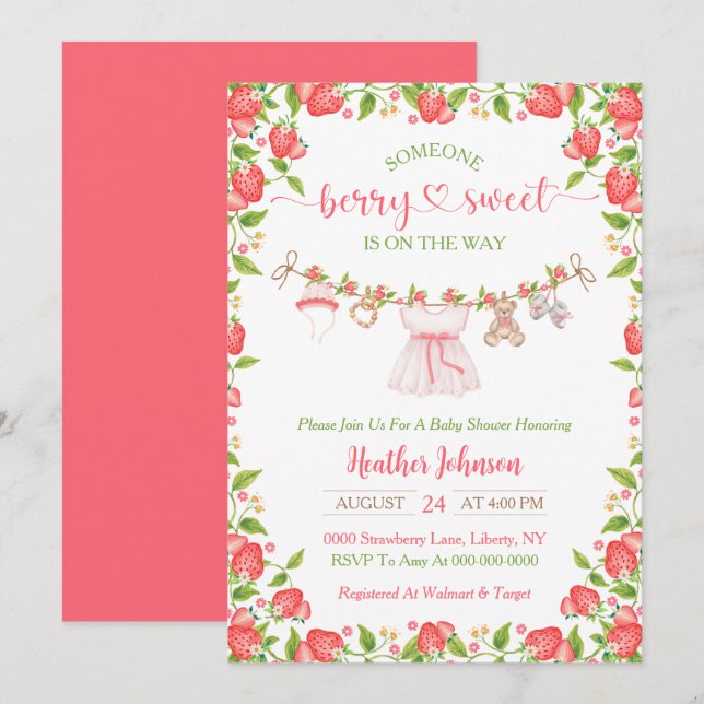 Jordgubbsberry Berry Sweet Clothesline Baby Shower Inbjudningar (Fram/baksida)