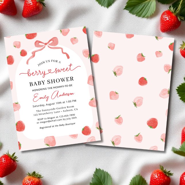 Jordgubbsberry Berry Sweet Croquette Bow Baby Show Inbjudningar (Skapare uppladdad)