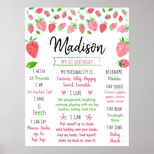 Jordgubbsberry Berry Sweet First Birthday Mileston Poster (Framsidan)