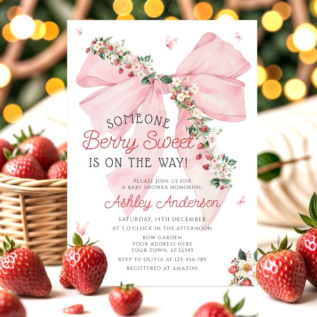 Jordgubbsberry Berry Sweet Rosa Bow Girl Baby Show Inbjudningar (Skapare uppladdad)