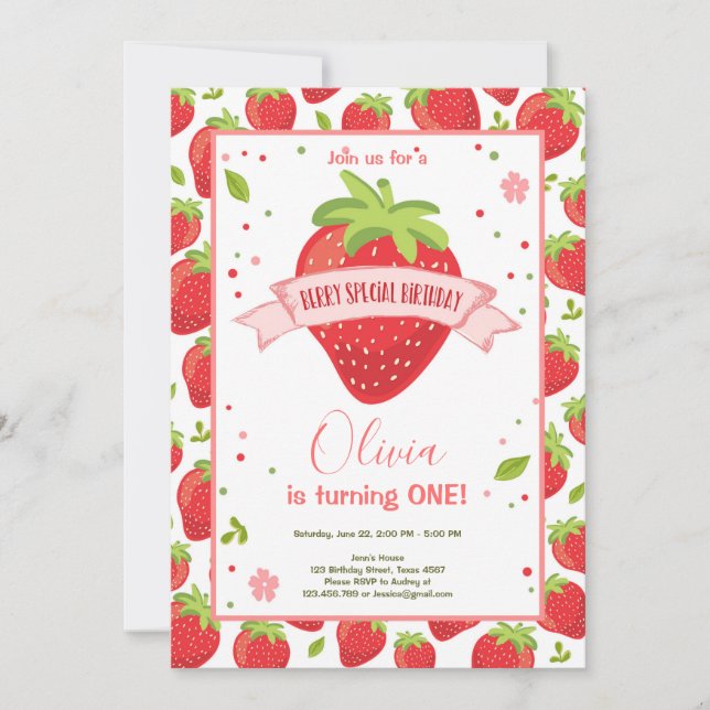 Jordgubbsberry Berry Sweet Rosa Red First Birthday Inbjudningar (Framsida)