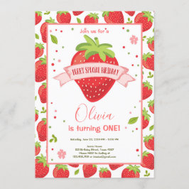 Jordgubbsberry Berry Sweet Rosa Red First Birthday Inbjudningar