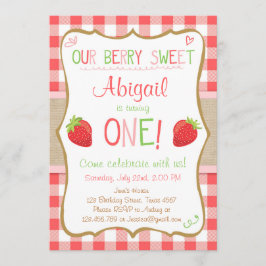 Jordgubbsberry Berry Sweet Rosa Red First Birthday Inbjudningar
