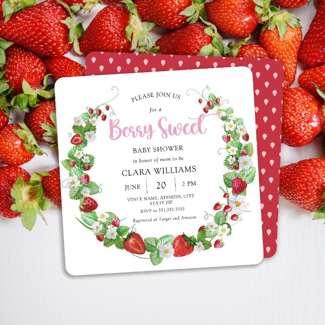 Jordgubbsberry Berry Sweet Square Baby Shower Inbjudningar (Skapare uppladdad)