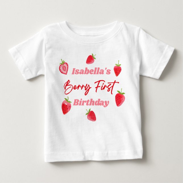 Jordgubbsberry - första födelsedag Röd och Rosa T Shirt (Framsida)