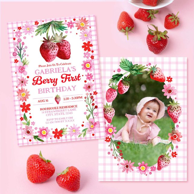 Jordgubbsberry, första födelsedag, vattenfärgsfoto inbjudningar (Strawberry Berry First Birthday Watercolor Photo Invitation)