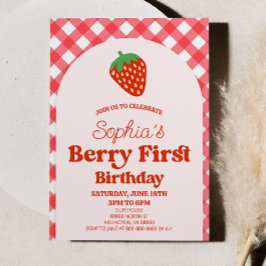 Jordgubbsberry Första Rosan Röd första födelsedag  Inbjudningar