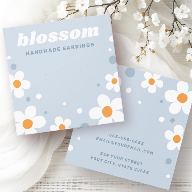 Jordgubbsblått öronkort för blommar fyrkantigt visitkort (Strawberry blossom retro font blue earring card)