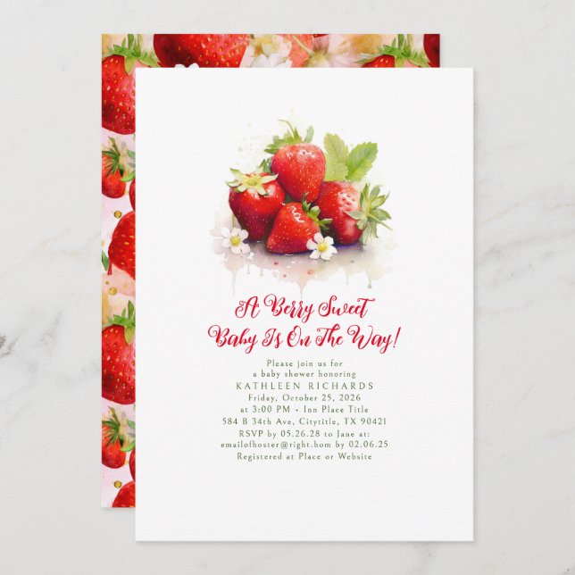 Jordgubbsblomma A Berry Sweet Flicka Baby Shower Inbjudningar (Fram/baksida)