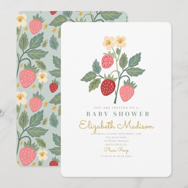 Jordgubbsblomma Bouquet Blommar Baby Shower Inbjudningar (Fram/baksida)