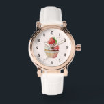 Jordgubbsblomma Cupkaka Sötnost Dessert Armbandsur<br><div class="desc">En klocka med en illustration som visar en fin tittar cupkaka. Vit grädde och en stor jordgubbsbär adlar den här söta smaken.</div>