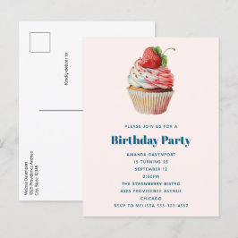 Jordgubbsblomma Cupkaka Sweet Dessert Birthday Inbjudan Vykort