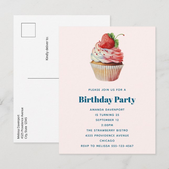 Jordgubbsblomma Cupkaka Sweet Dessert Birthday Inbjudan Vykort (Fram/baksida)