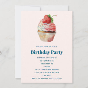 Jordgubbsblomma Cupkaka Sweet Dessert Birthday Inbjudningar