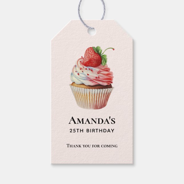 Jordgubbsblomma Cupkaka Sweet Dessert Birthday Presentetikett (Framsidan)