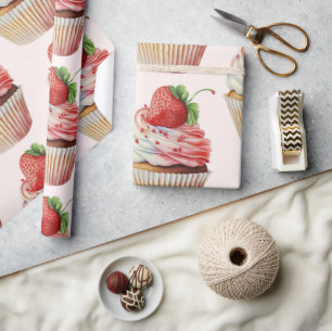 Jordgubbsblomma Cuptårta Söta Dessert Mönster Presentpapper