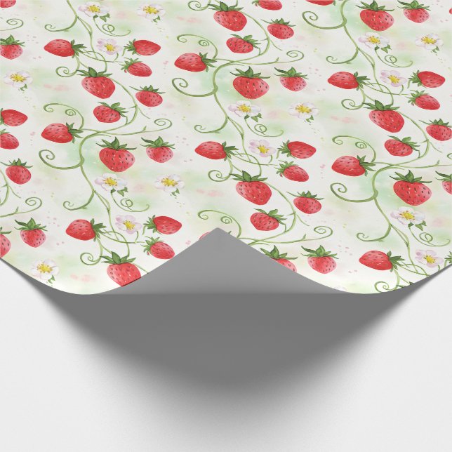 Jordgubbsblommor och bär i akvarellstil presentpapper (Hörn)