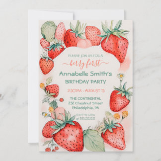 Jordgubbsblommor, vattenfärg Cute Berry, första fö Inbjudningar