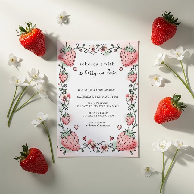 Jordgubbsbröllop Jordgubb Bröllopsdusch Inbjudningar (Berry in Love Strawberry Bridal Shower Invitation)