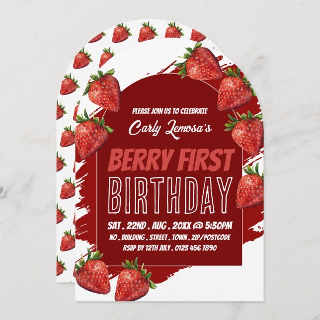 Jordgubbsdesign, berrys första födelsedagsinbjudan inbjudningar (Fram/baksida)
