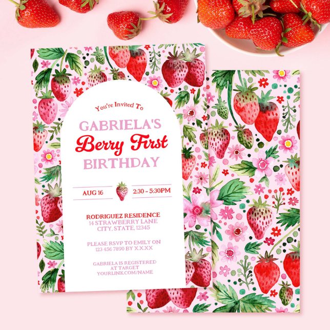 Jordgubbsflicka Berry 1:a födelsedag Inbjudningar (Strawberry Girl Berry 1st Birthday Invitation)